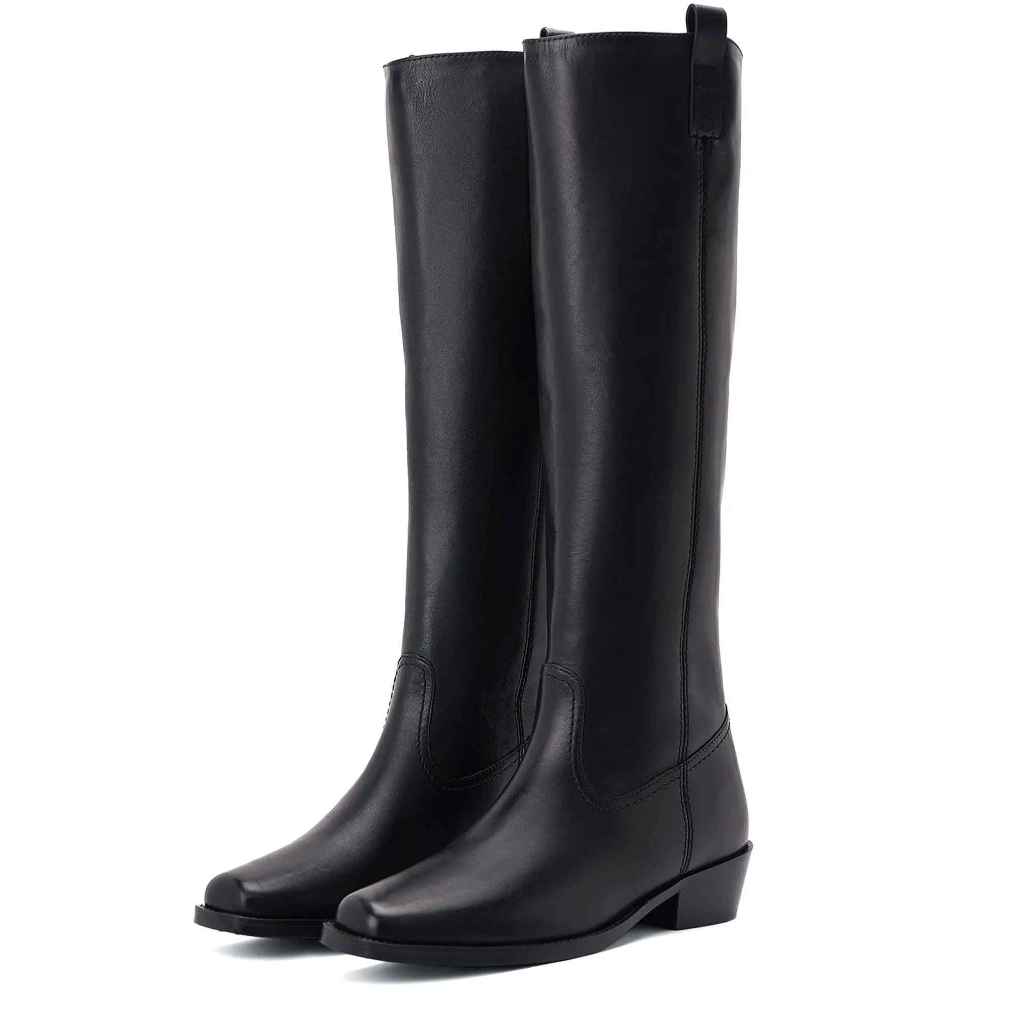 Saint Alessia Black Leather Block Heel Knee High Boots