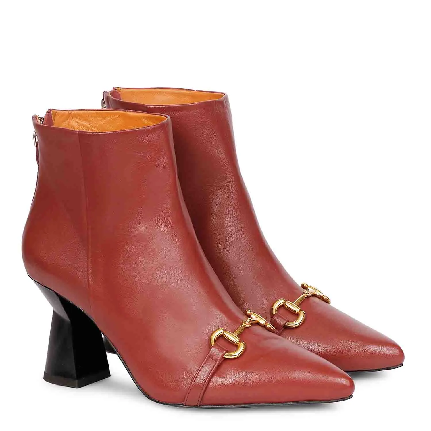 Saint Ashley Rust Leather Gold Horsebit Décor Back Zip Boots