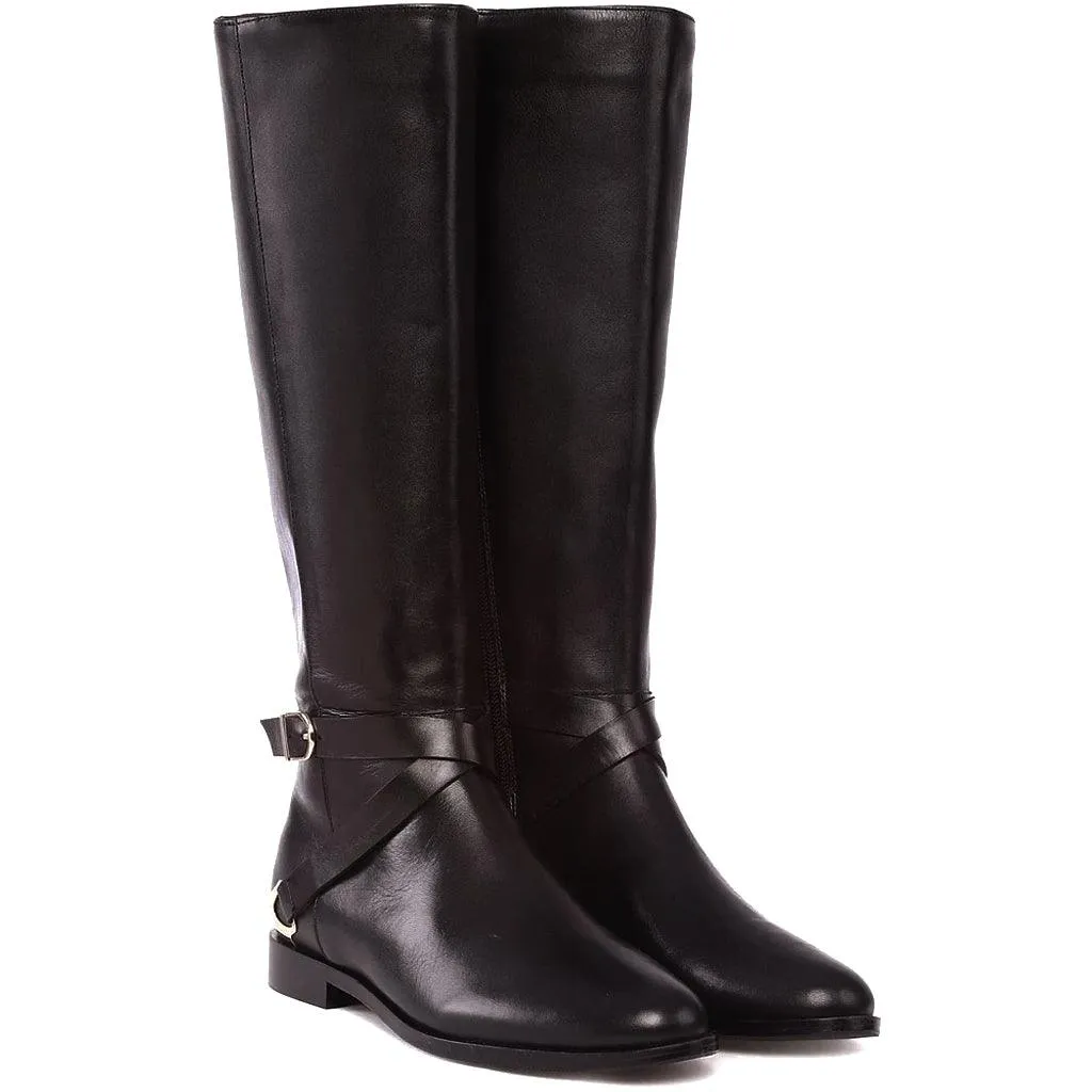 Saint Damaris Dark Brown Leather Buckle Decor Knee High Boots