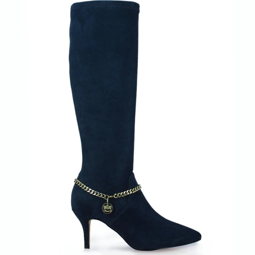 Saint Idalia Navy Stretch Suede Golden Chain Knee High Long Boots