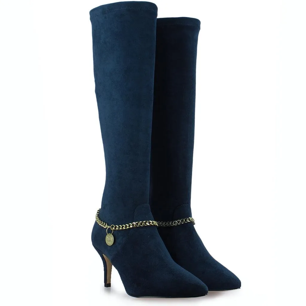 Saint Idalia Navy Stretch Suede Golden Chain Knee High Long Boots