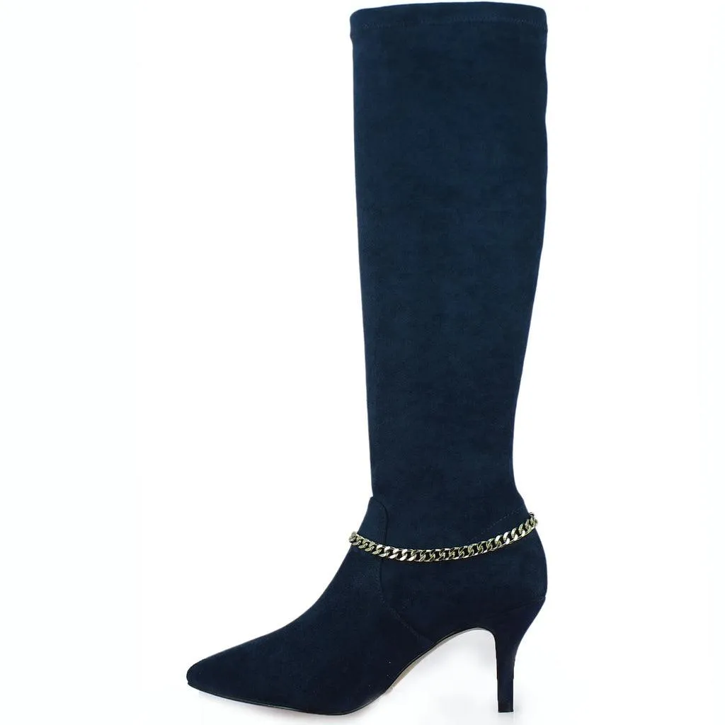 Saint Idalia Navy Stretch Suede Golden Chain Knee High Long Boots