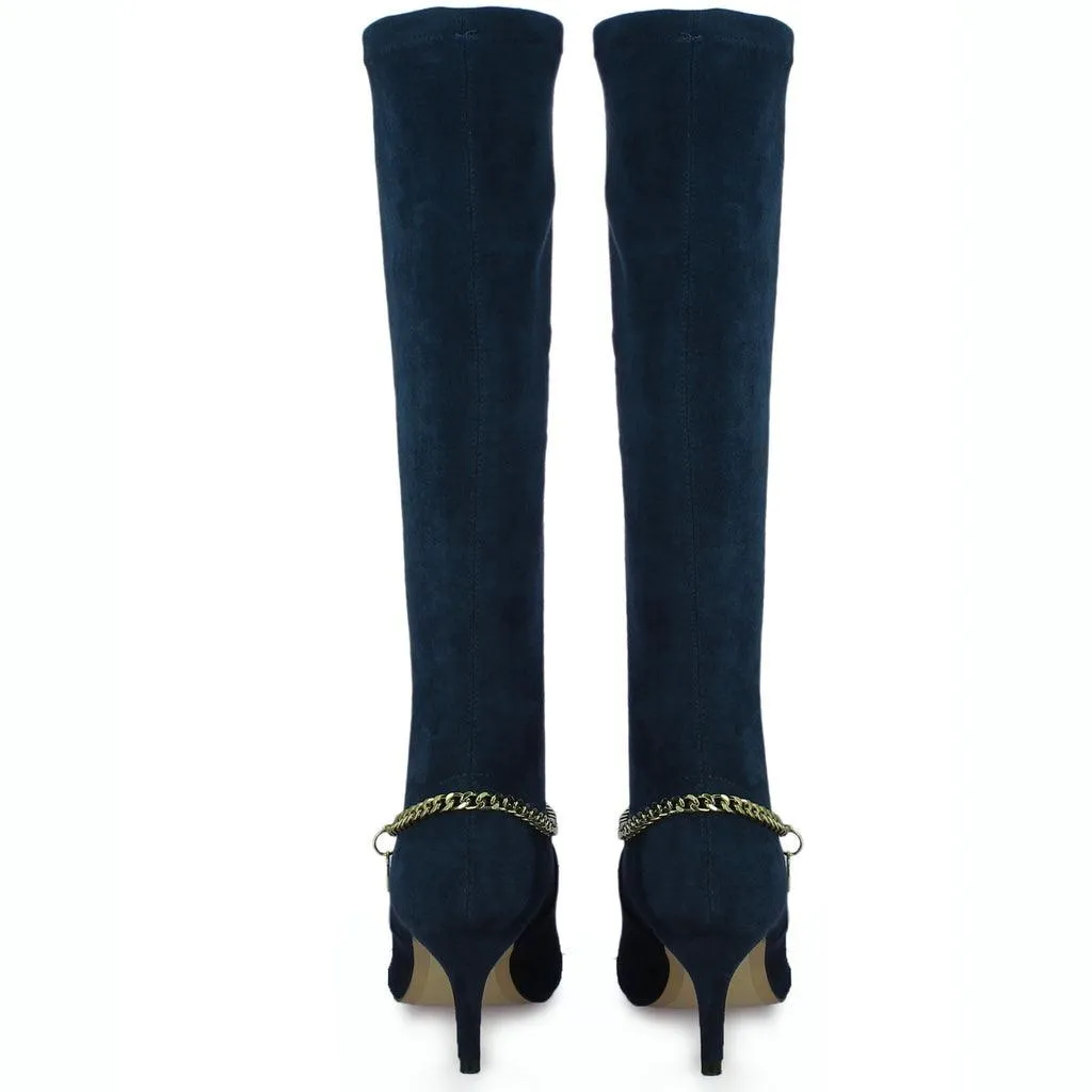 Saint Idalia Navy Stretch Suede Golden Chain Knee High Long Boots