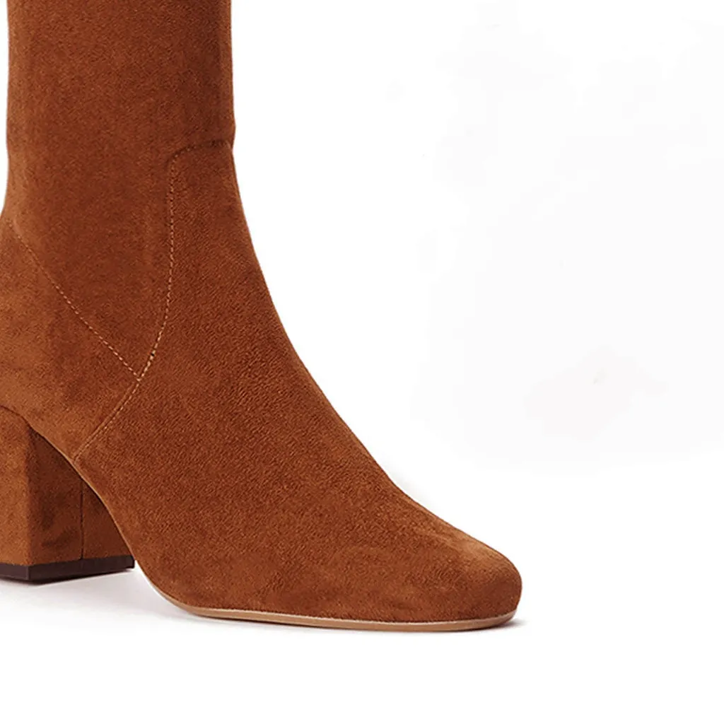 Saint Luisa Tan Stretch Suede Above The Knee Boots