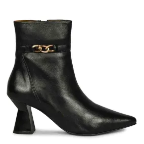 Saint Madelyn Black Leather Front Zipper Pointed Toe Heel Boots