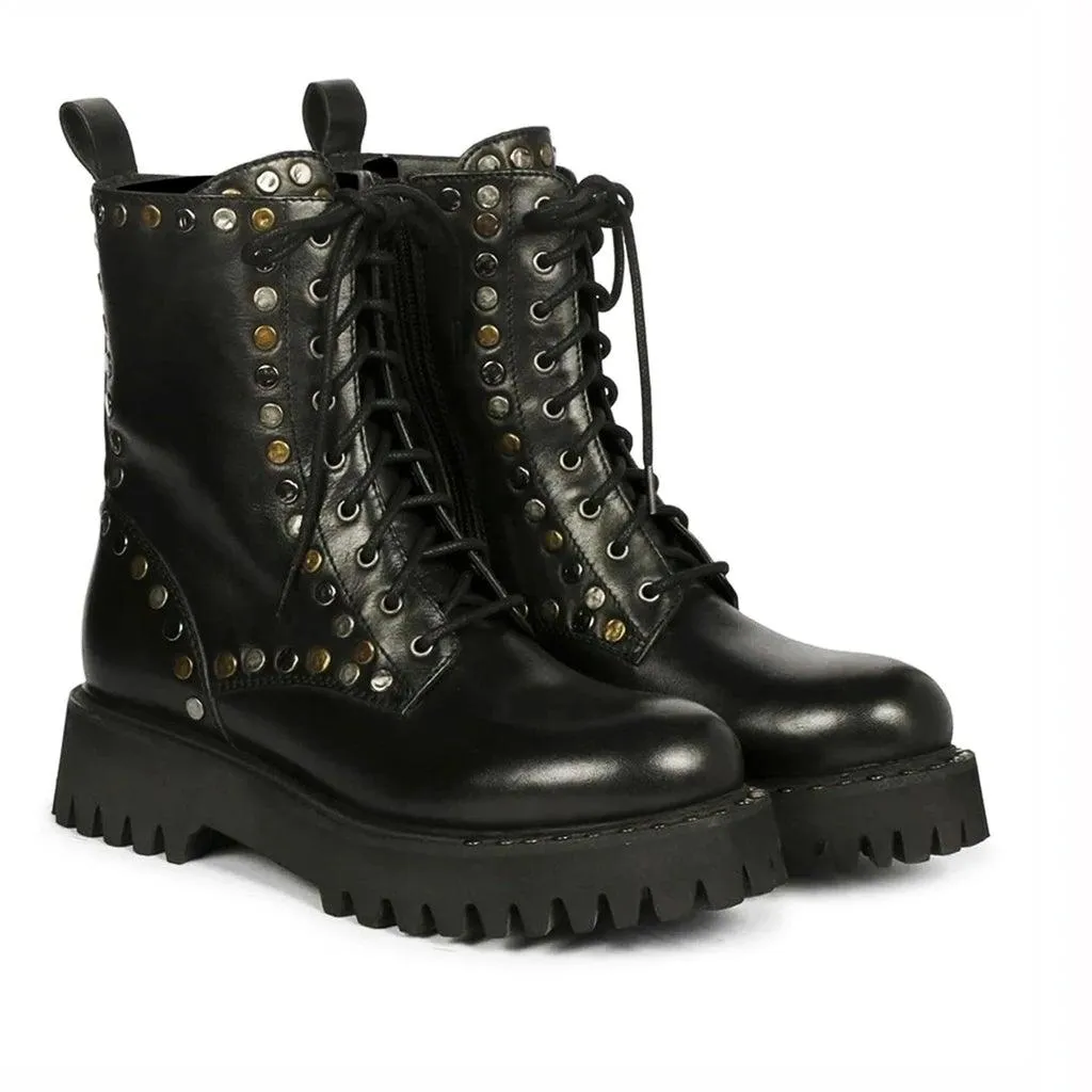 Saint Natalie Metal Studs Lace Up High Ankle Leather Boots