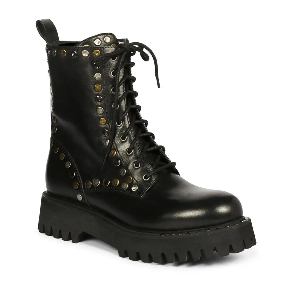 Saint Natalie Metal Studs Lace Up High Ankle Leather Boots