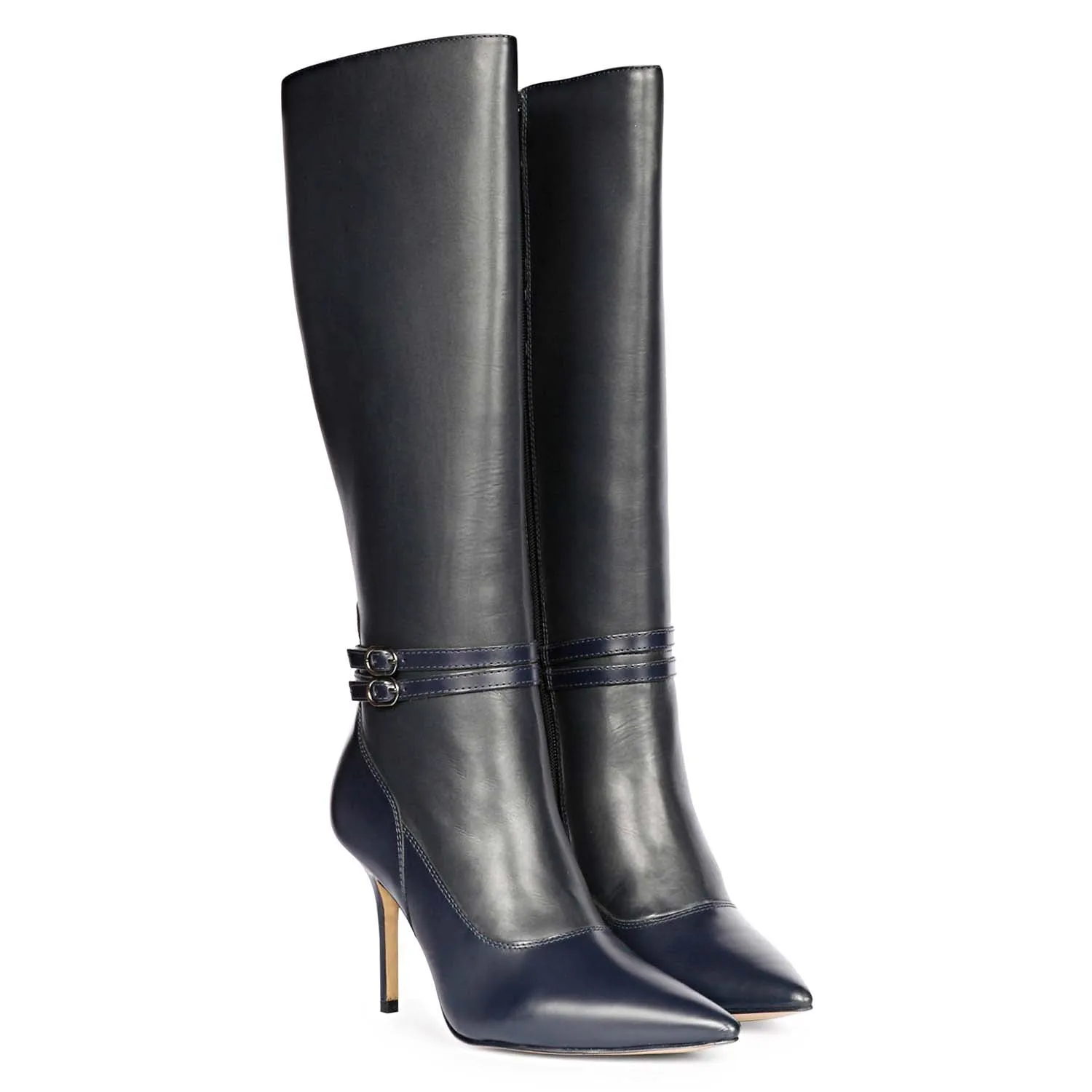 Saint Rey Buckle Decor Dark Blue Leather Stiletto Long Boots