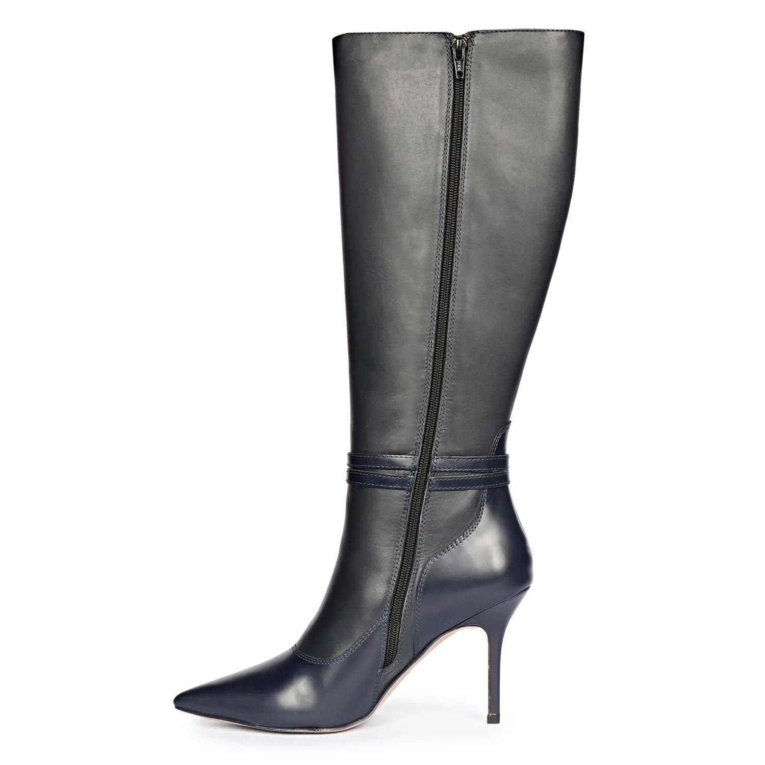 Saint Rey Buckle Decor Dark Blue Leather Stiletto Long Boots