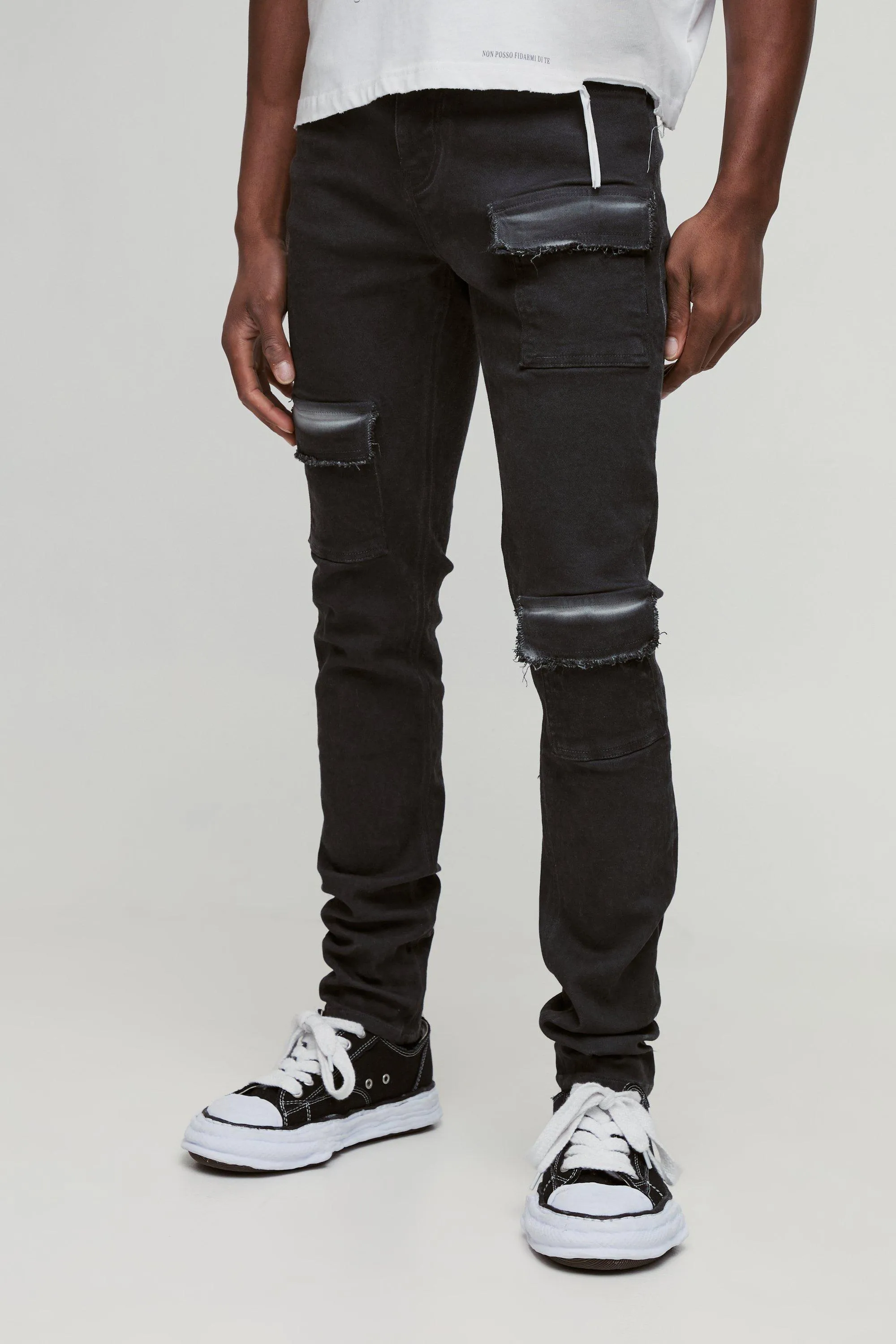 Skinny Stretch Stacked Oil Washed Multi Pocket Cargo Denim Jeans