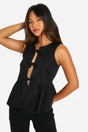 Sleeveless Tie Front Poplin Smock Top