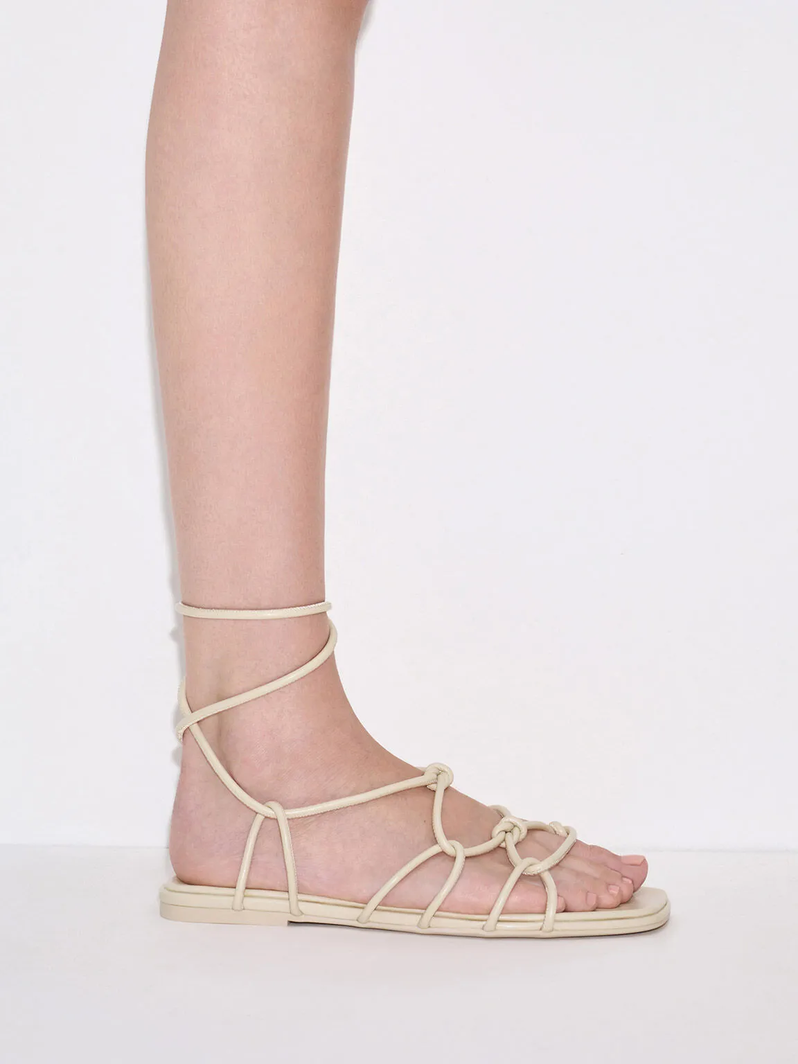 Strappy Knotted Tie-Around Sandals - Beige