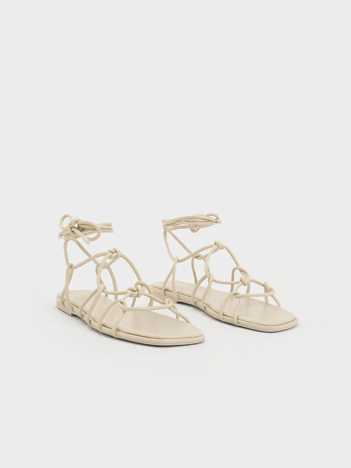 Strappy Knotted Tie-Around Sandals - Beige