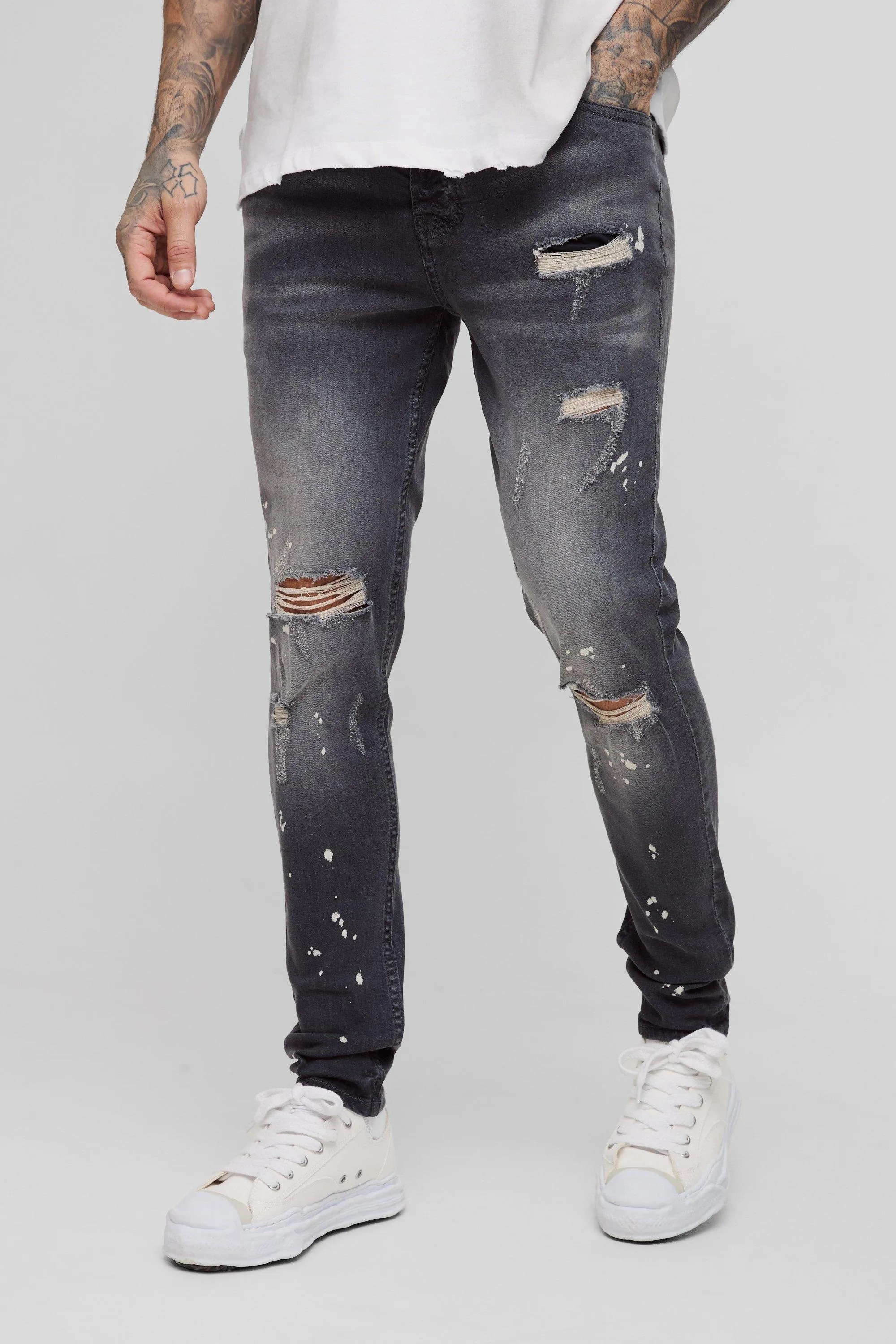 Tall Skinny All Over Ripped Bleached Paint Splatter Jeans