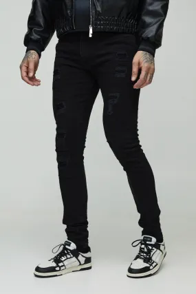 Tall Super Skinny Stretch Biker Rip & Repair Jeans in Washed Black