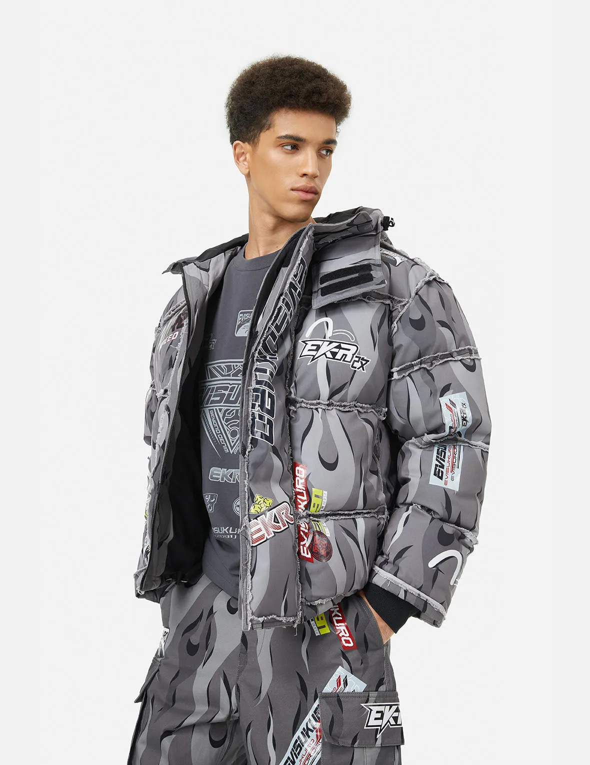 Tear-Away Racing Camouflage Oversized Down Jacket