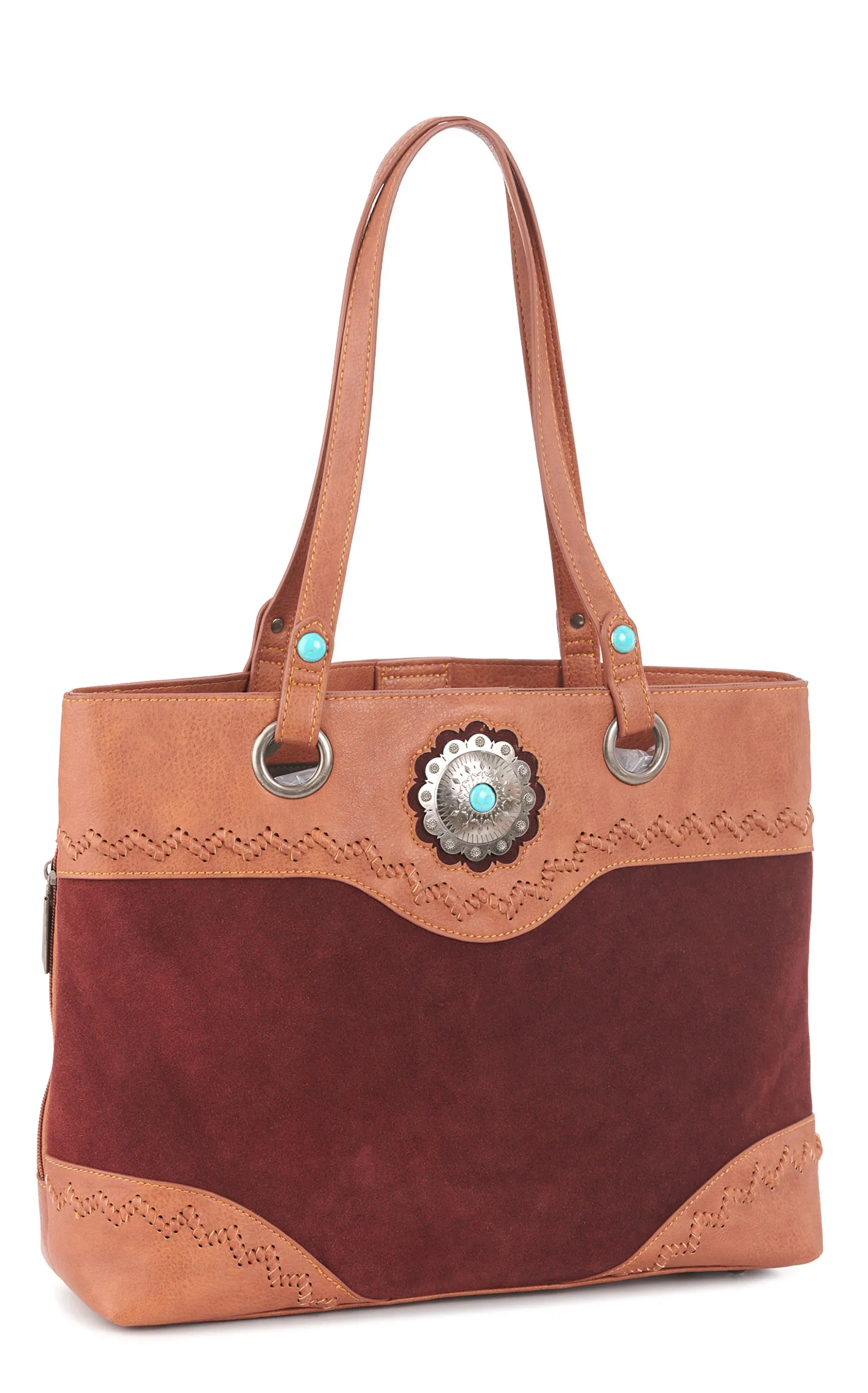 Tony Lama Cinnamon Leather & Merlot Suede Concho Accent Tote Bag