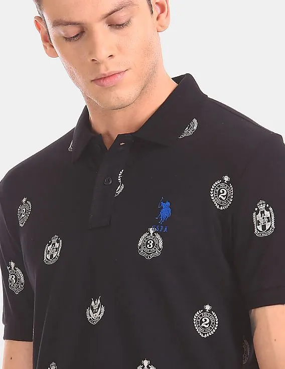 U.S. Polo Assn. Men Black Allover Print Cotton Pique Polo Shirt