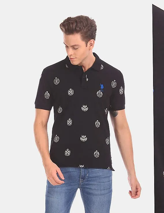 U.S. Polo Assn. Men Black Allover Print Cotton Pique Polo Shirt