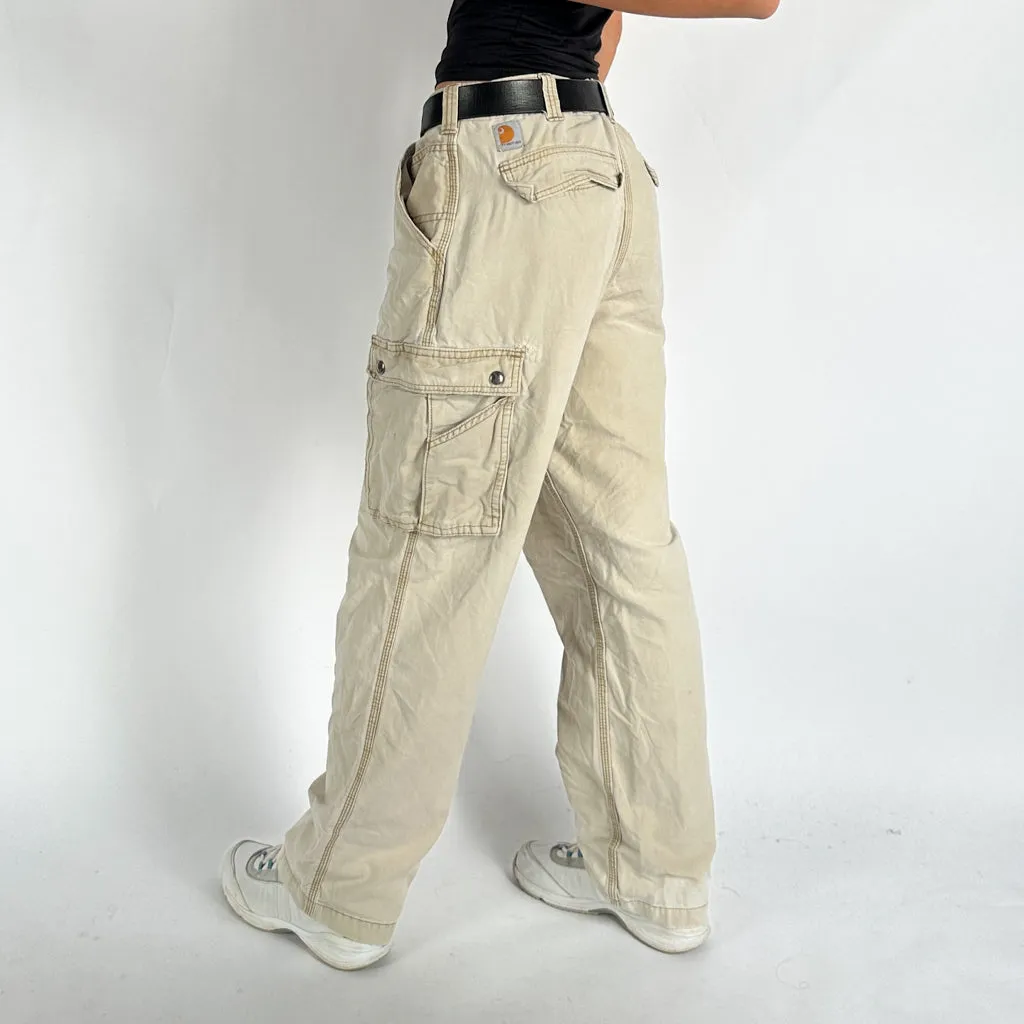 Vintage Beige Tan Carhartt Cargo Carpenter Trousers Pants Jeans (34x30)