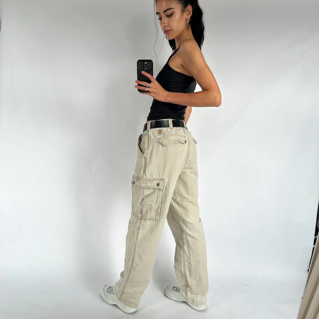 Vintage Beige Tan Carhartt Cargo Carpenter Trousers Pants Jeans (34x30)