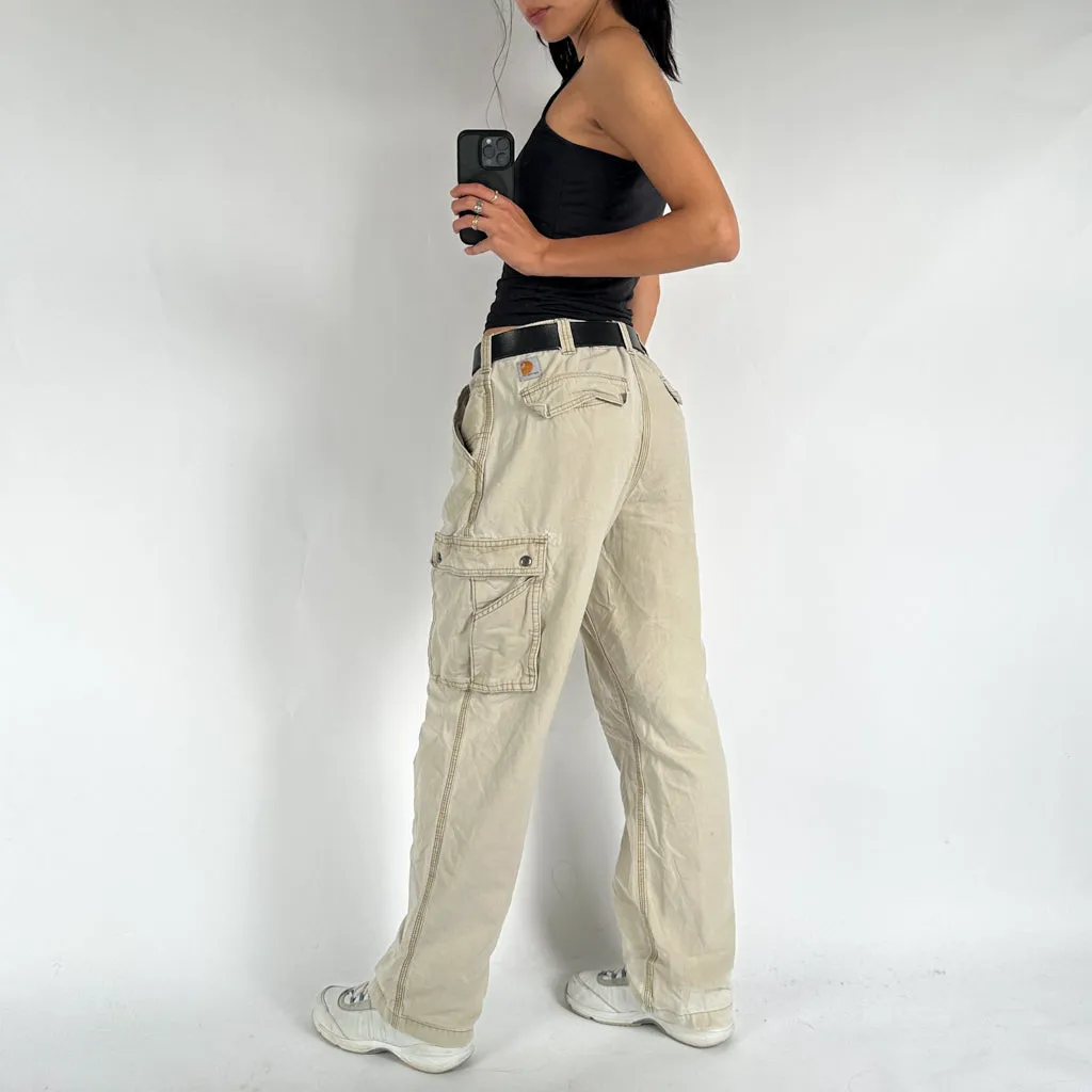 Vintage Beige Tan Carhartt Cargo Carpenter Trousers Pants Jeans (34x30)