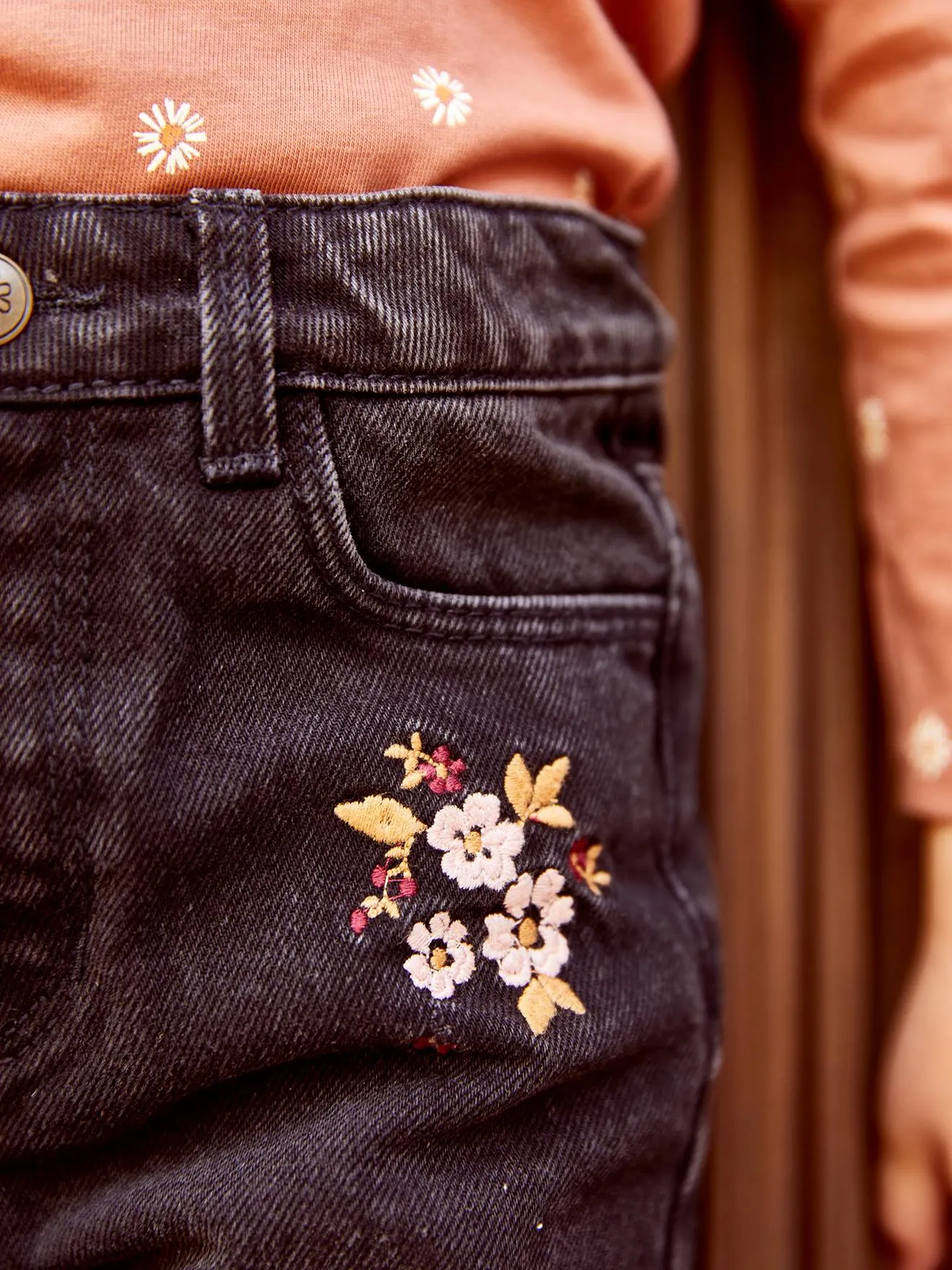 Wide-Leg Jeans with Embroidered Flowers, for Girls - black dark solid with design