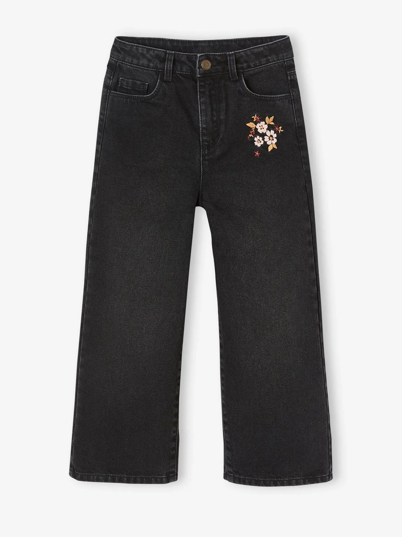 Wide-Leg Jeans with Embroidered Flowers, for Girls - black dark solid with design