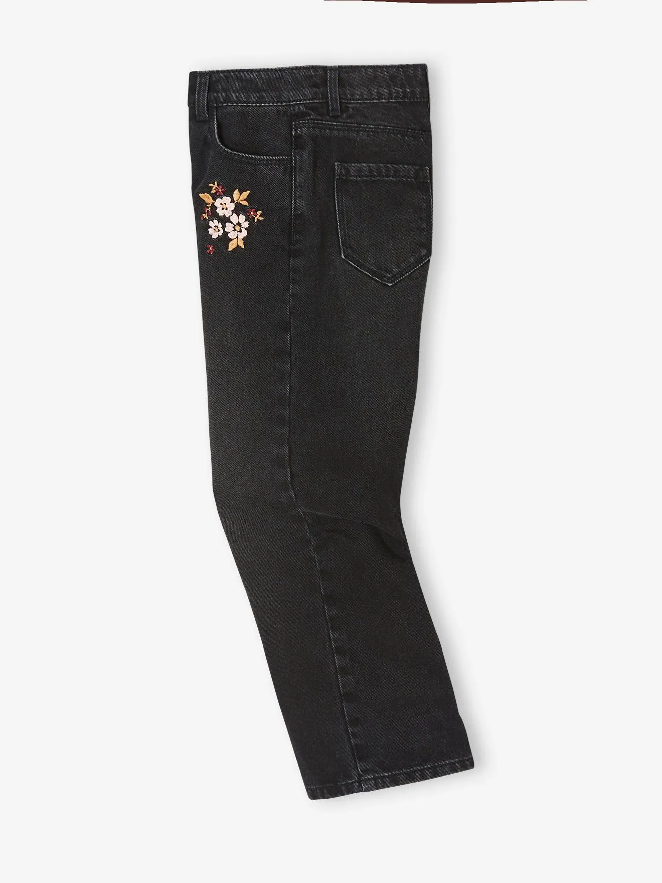 Wide-Leg Jeans with Embroidered Flowers, for Girls - black dark solid with design