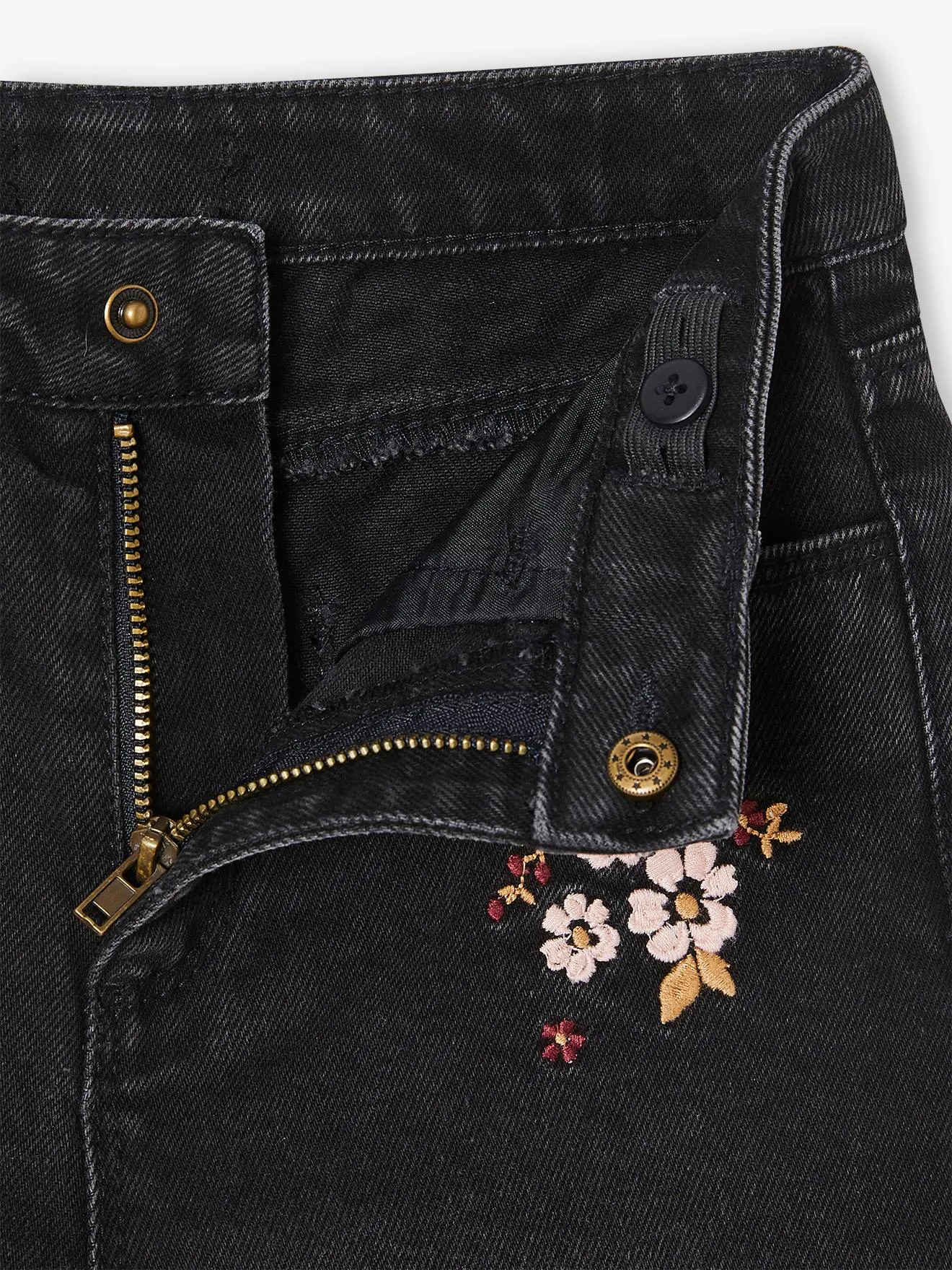 Wide-Leg Jeans with Embroidered Flowers, for Girls - black dark solid with design