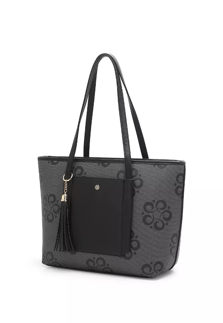 Wild Channel 3-in-1 Women's Monogram Tote Bag + Sling Bag + Pouch - Black