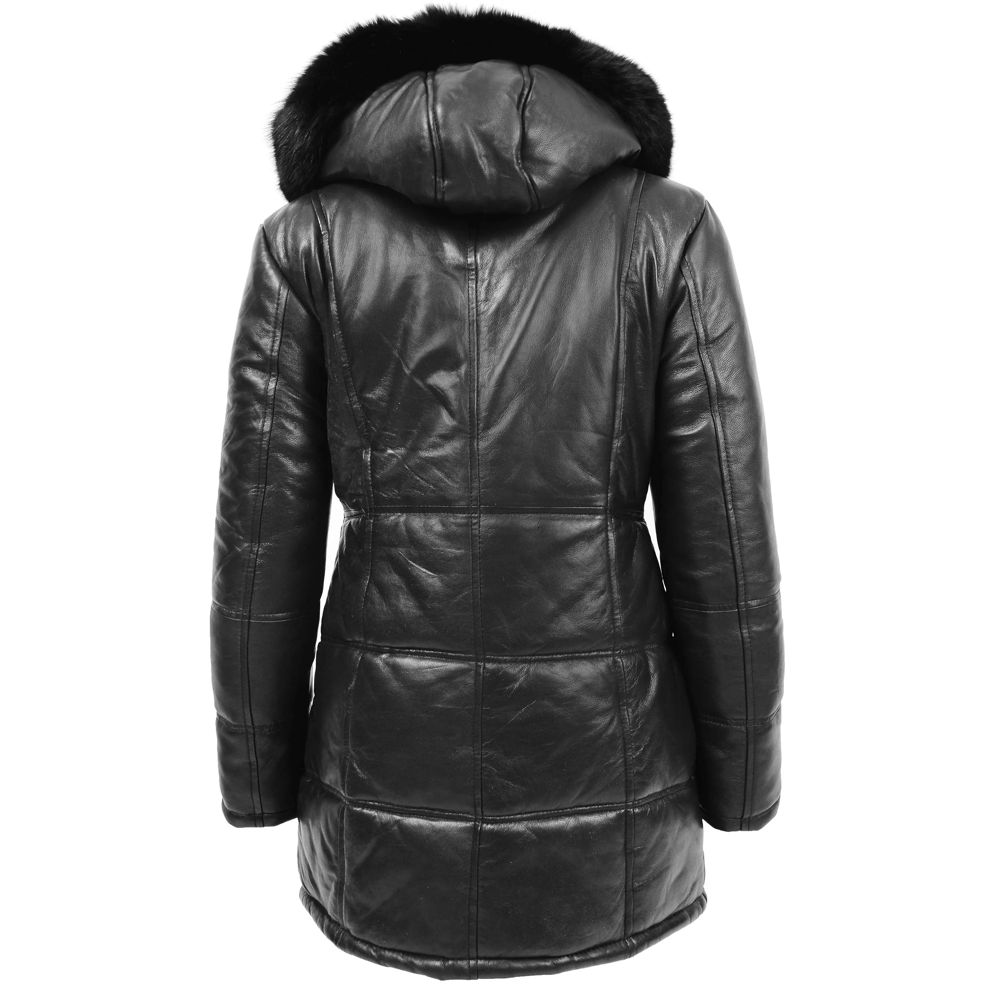 Womens 3/4 Length Leather Puffer Coat Lisa Black