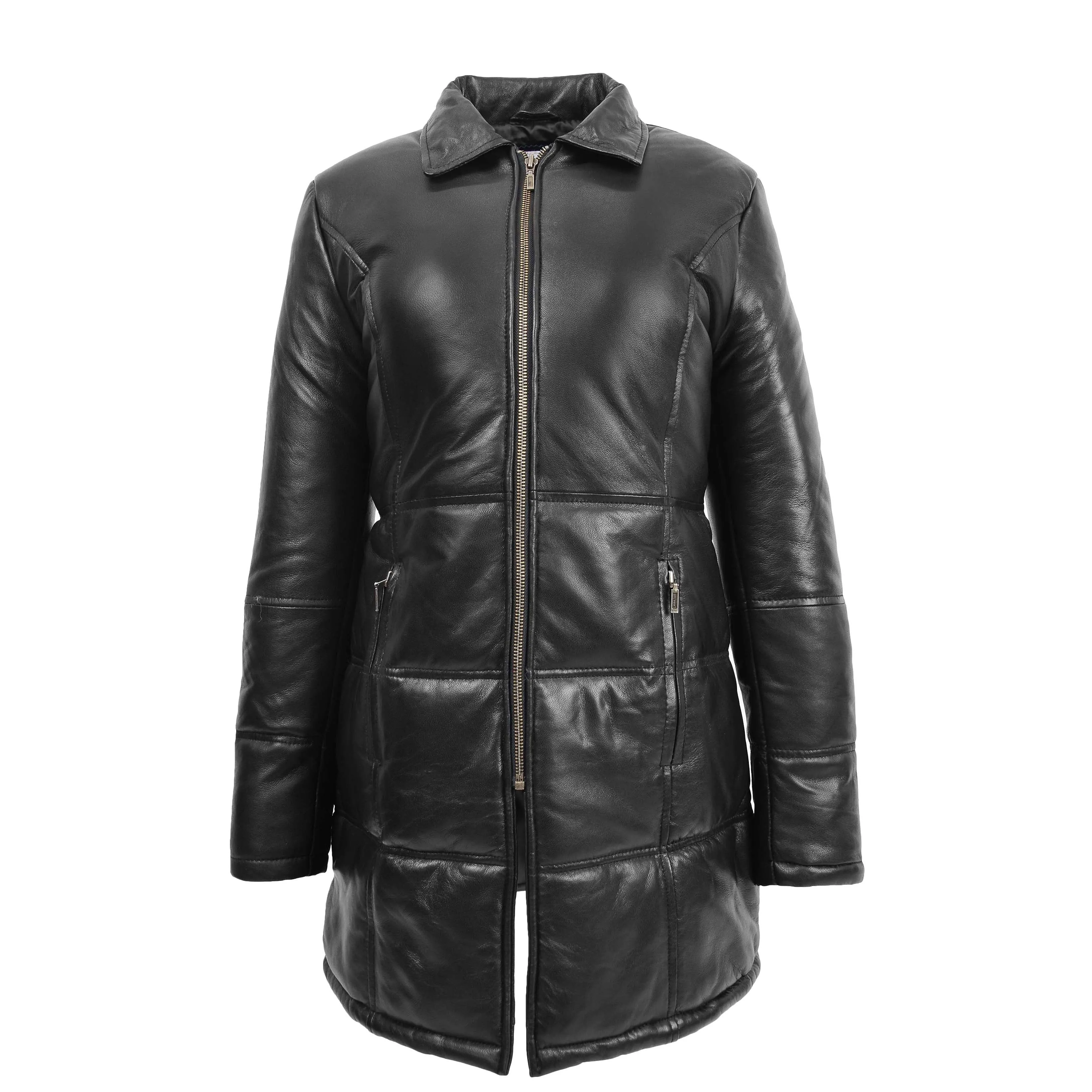 Womens 3/4 Length Leather Puffer Coat Lisa Black