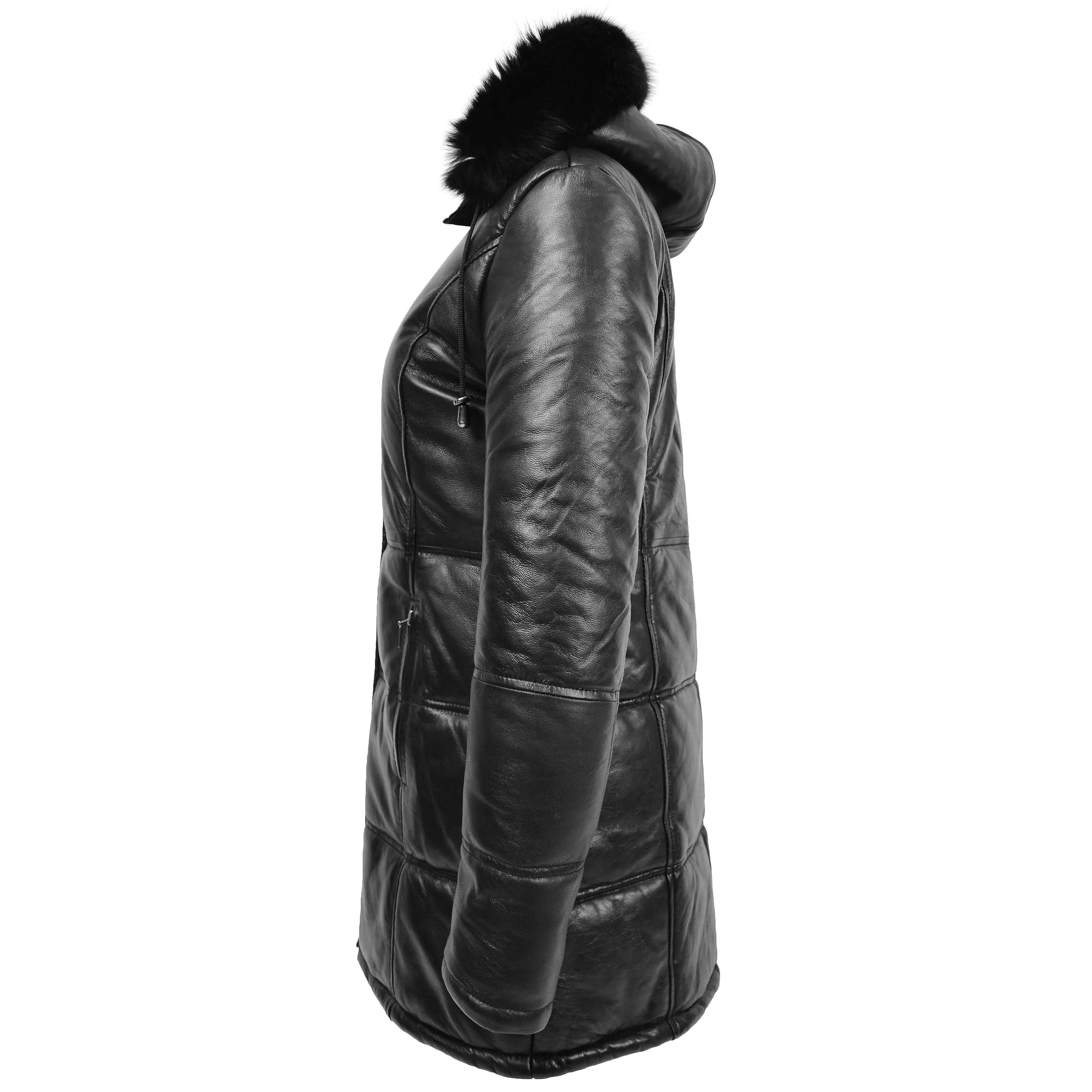 Womens 3/4 Length Leather Puffer Coat Lisa Black