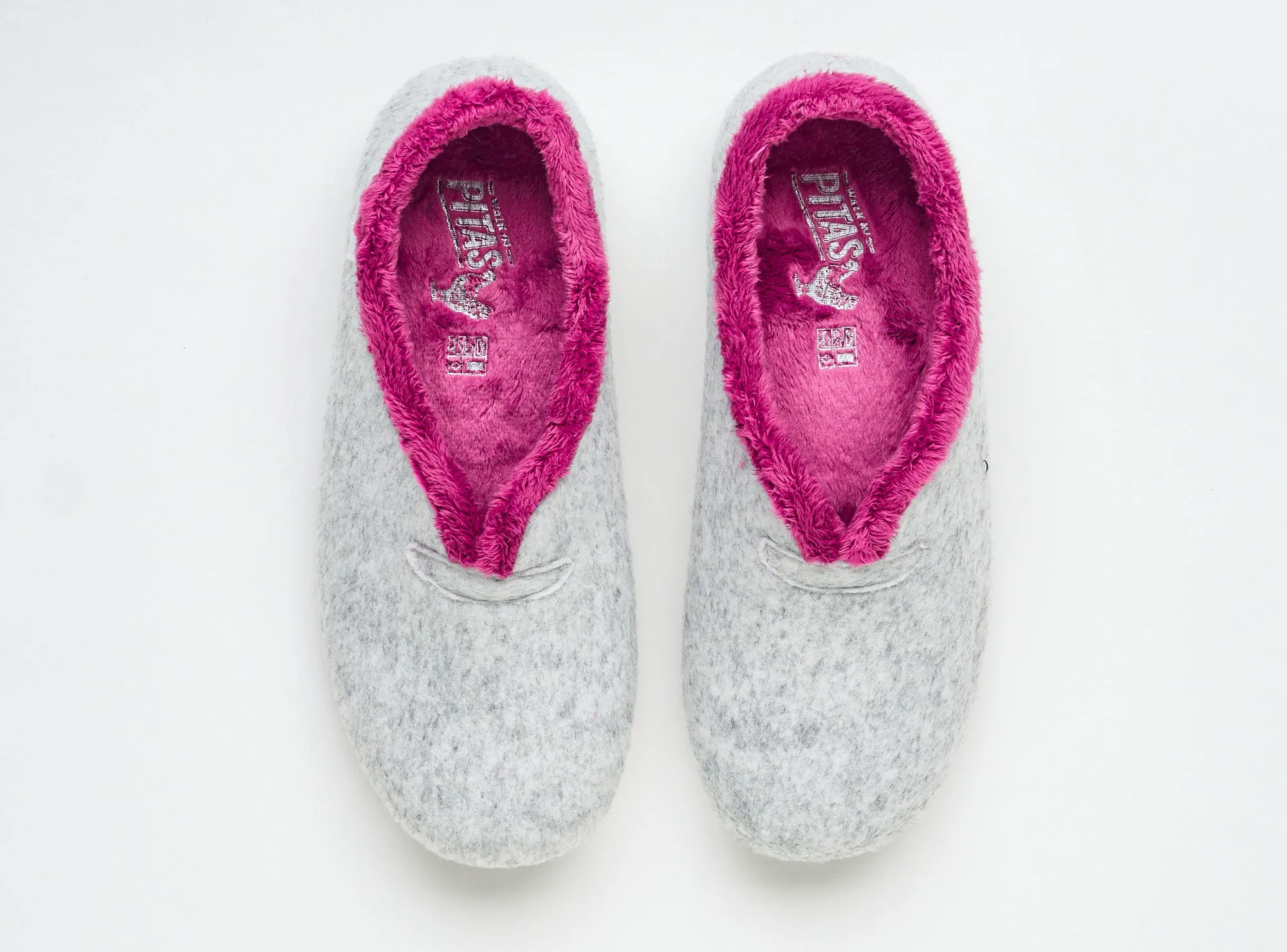 Women's grey and rapsberry felt and faux fur slippers