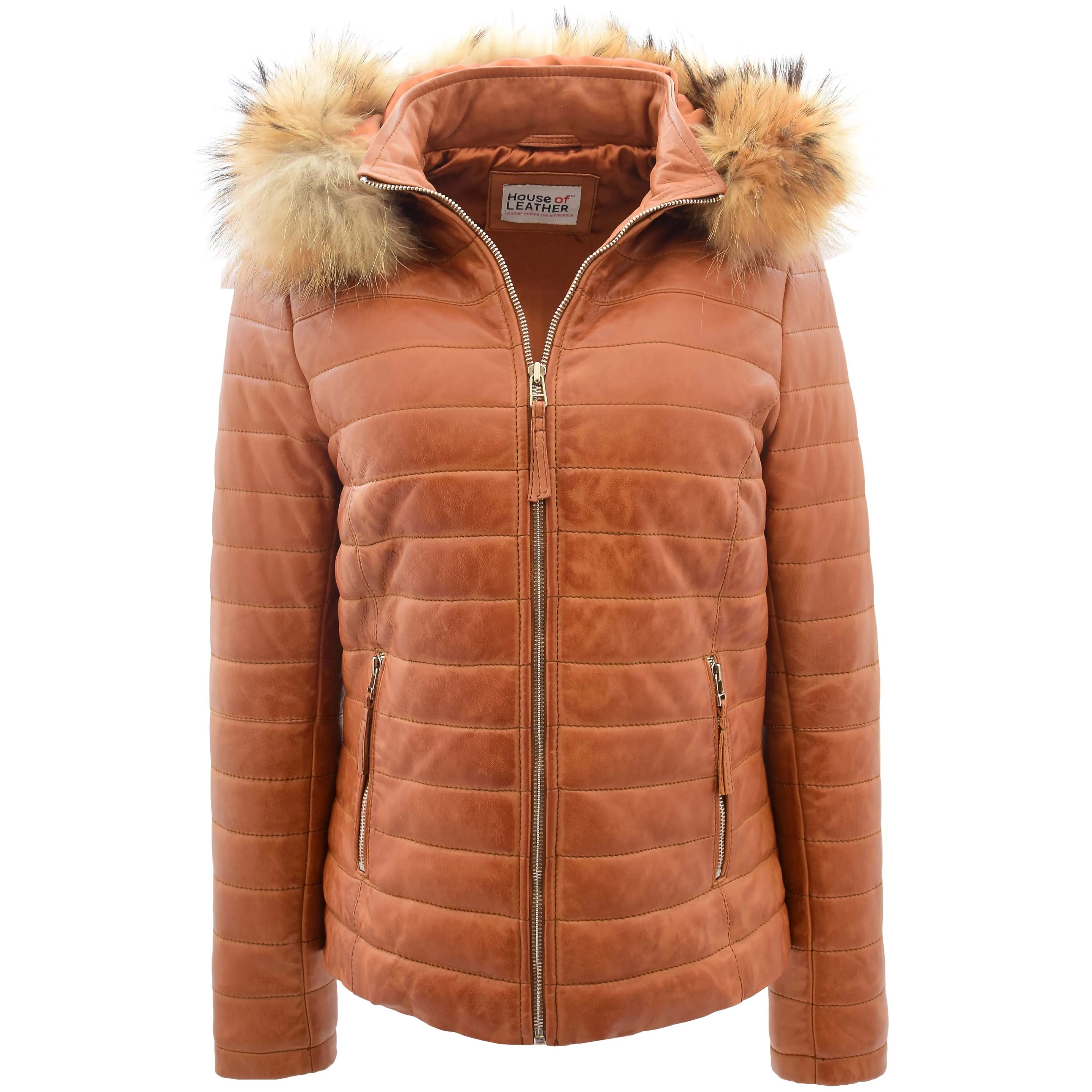 Womens Leather Puffer Coat Detachable Hooded Lucy Tan