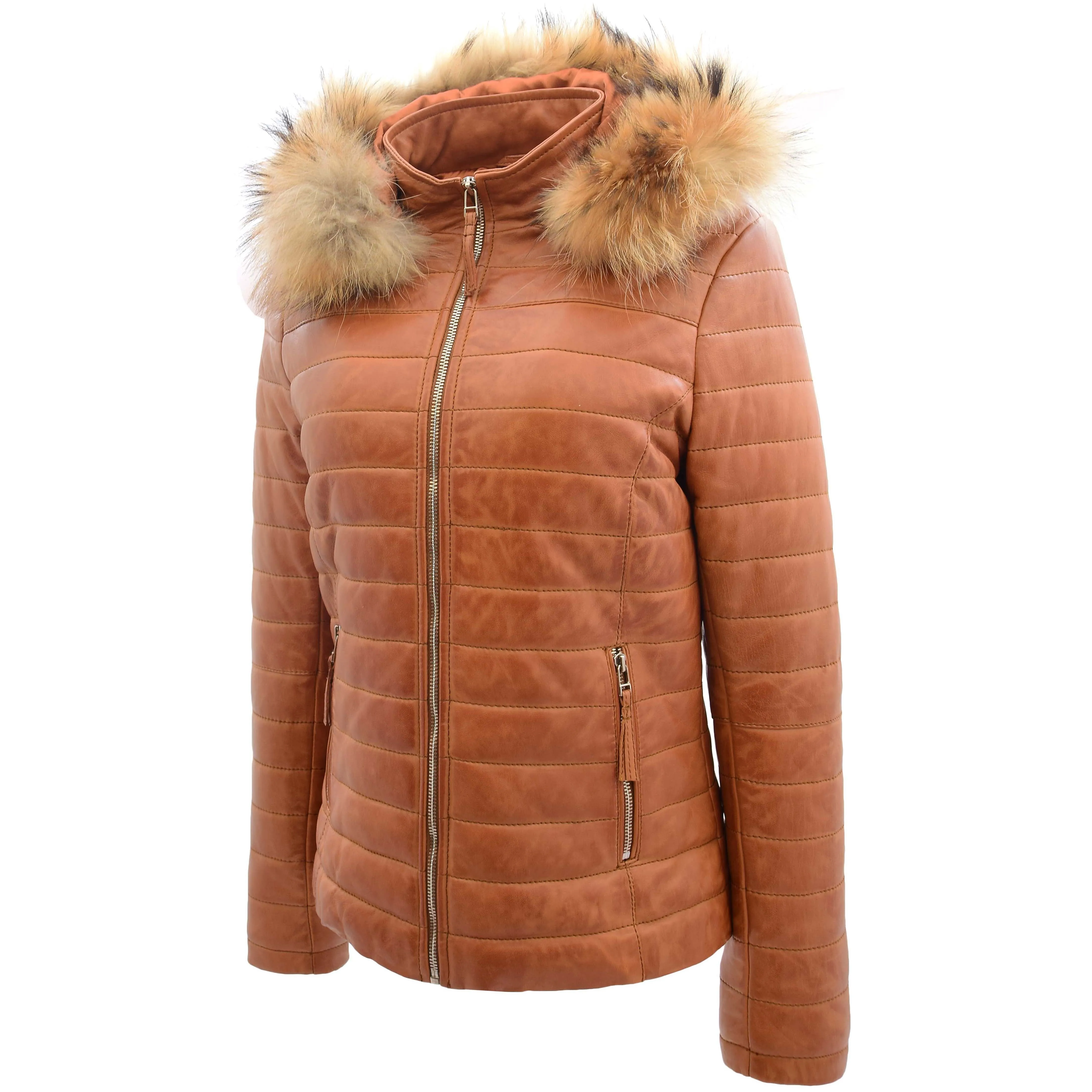 Womens Leather Puffer Coat Detachable Hooded Lucy Tan