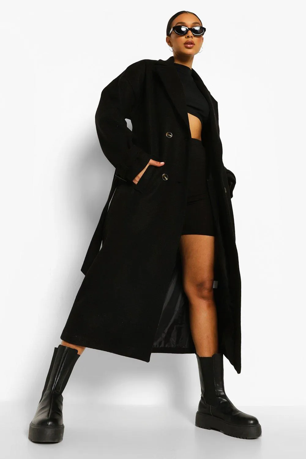 Wool Look Belted Cuff Detail Trench Coat