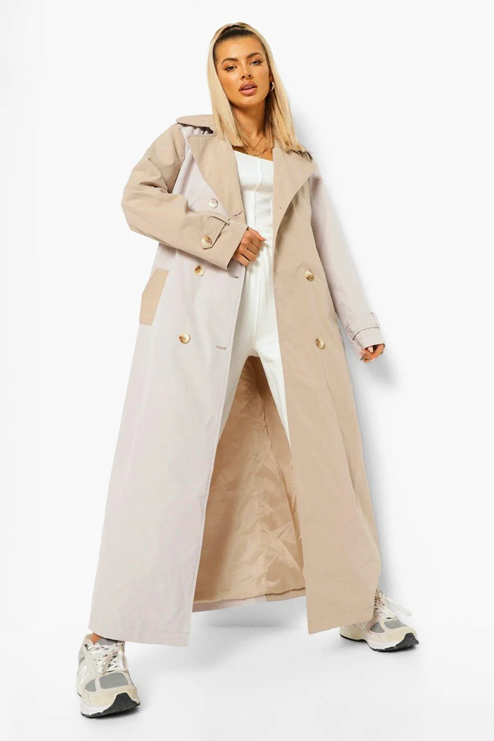 Woven Color Block Trench Coat