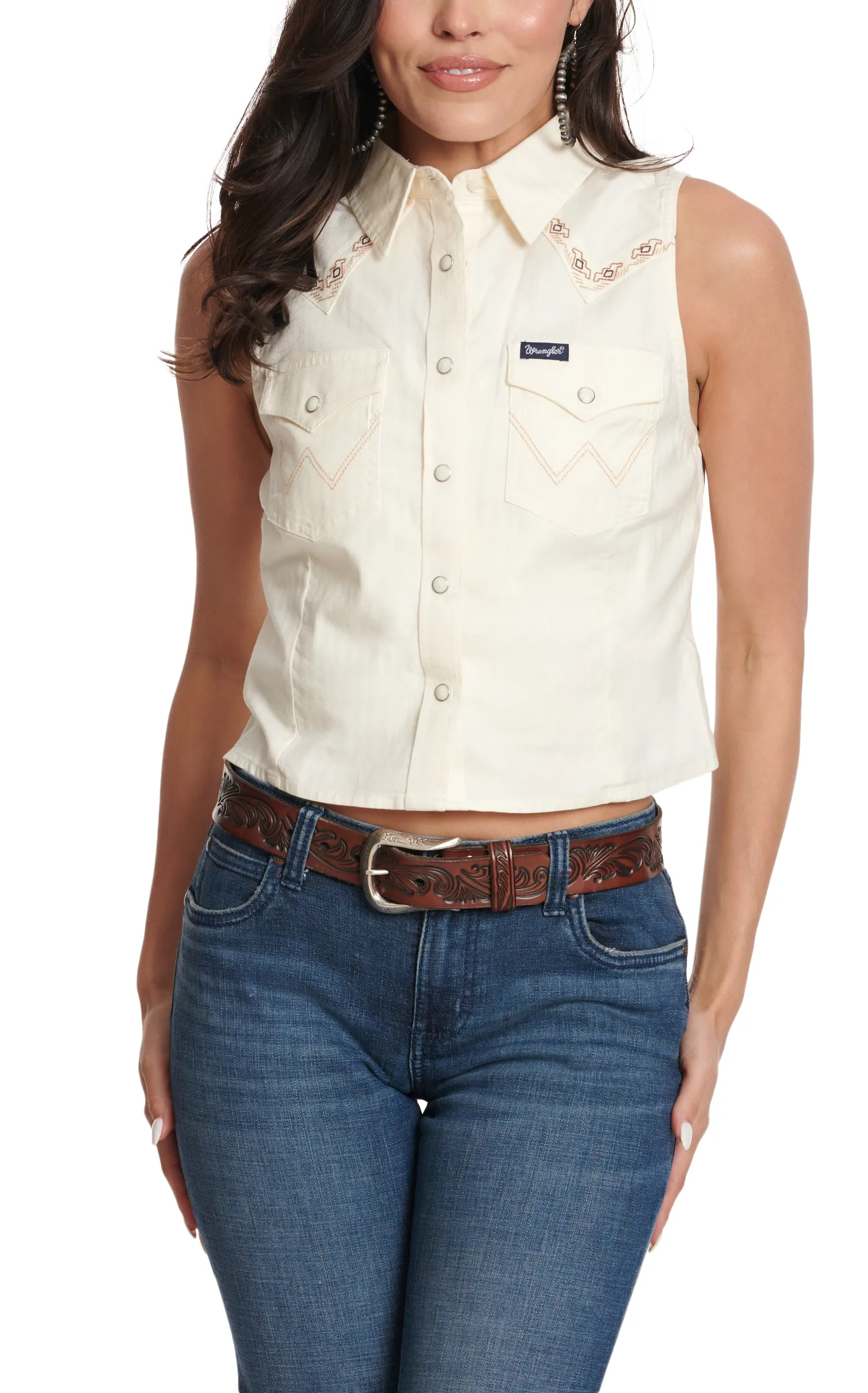 Wrangler Women's White Denim Tan Embroidery Accent Sleeveless Cropped Top