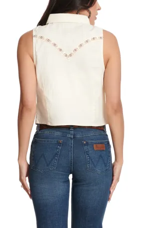 Wrangler Women's White Denim Tan Embroidery Accent Sleeveless Cropped Top