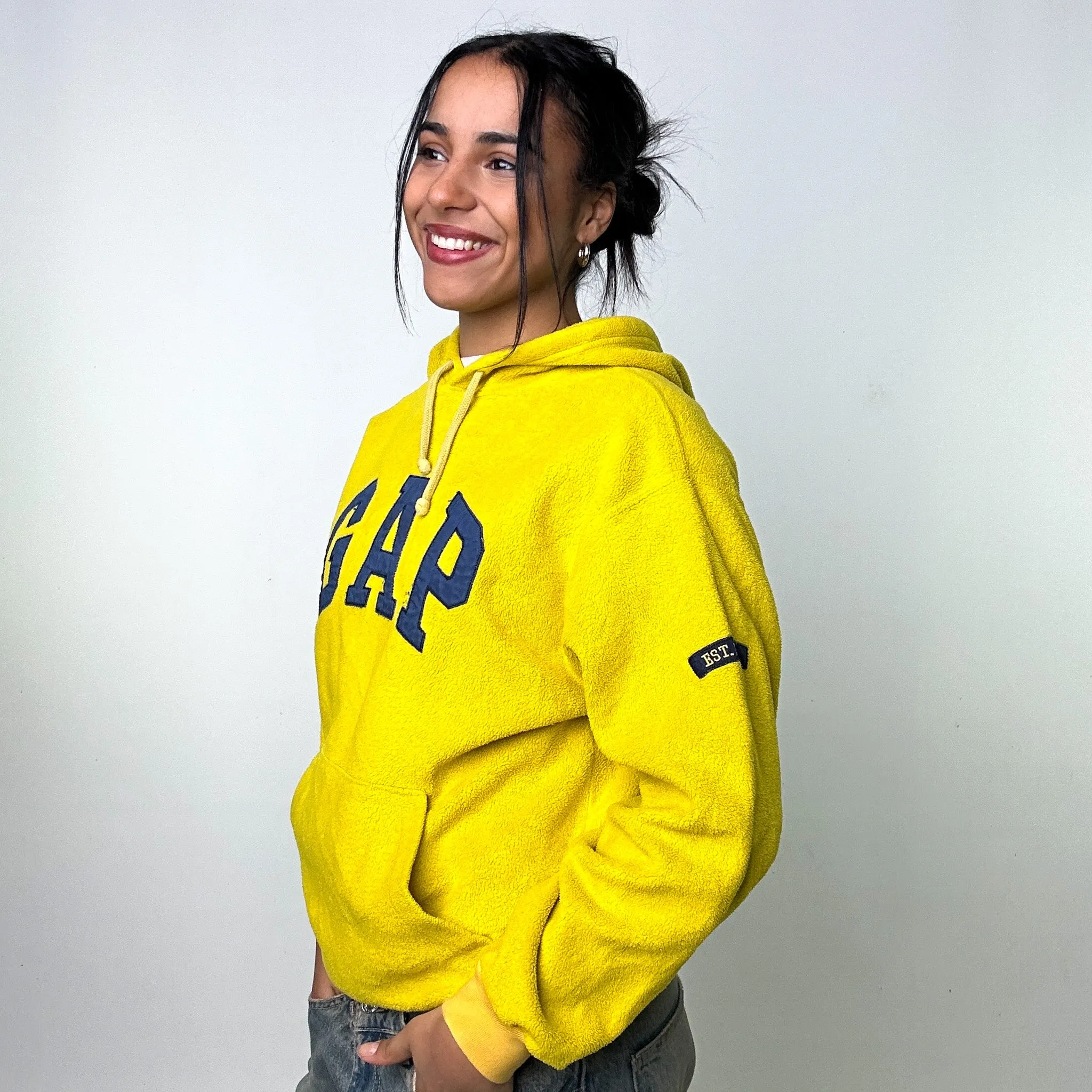 Yellow 90s GAP Fleece Spellout Hoodie Sweatshirt (M)